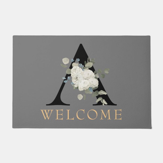 WELCOME White Floral Monogram A Doormat (Front)