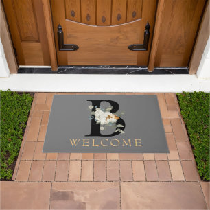 WELCOME White Floral Monogram B Doormat