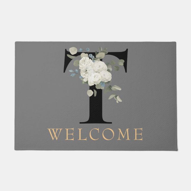 WELCOME White Floral Monogram T Doormat (Front)