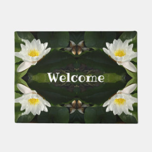 Welcome, White Lotus Flowers Door Mat