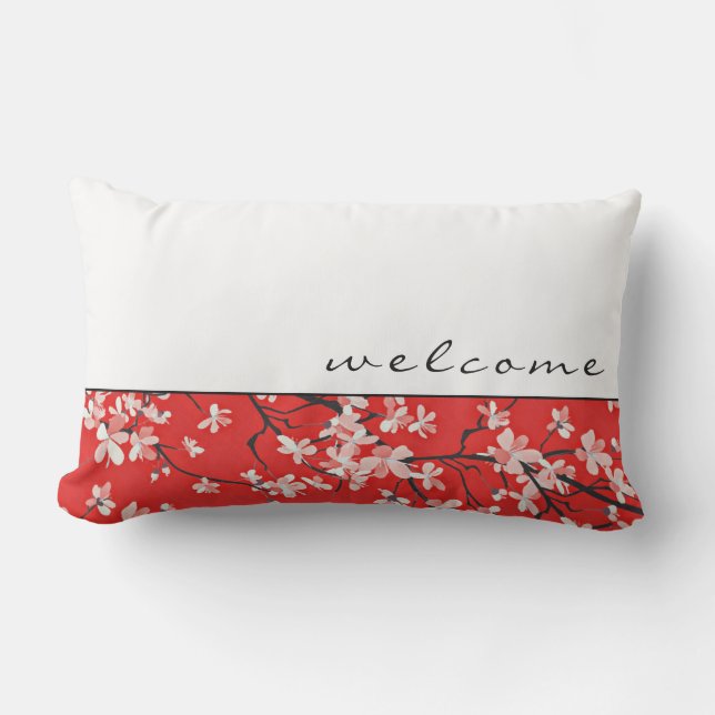 Welcome | White Red & Black Cherry Blossoms Lumbar Cushion (Front)