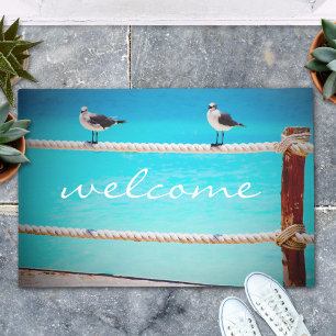"Welcome" White Seagull Birds at Blue Ocean Photo Doormat