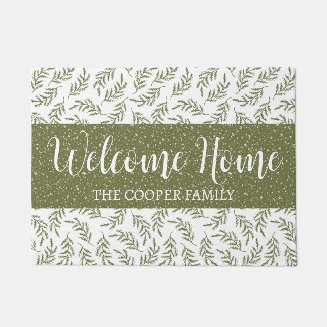 Welcome Winter Cypress & Snowfall Pattern Green Doormat (Front)