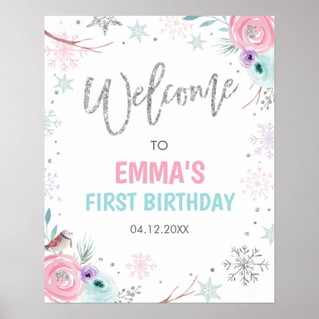 Welcome Winter Onederland Girl Floral Birthday Poster (Front)