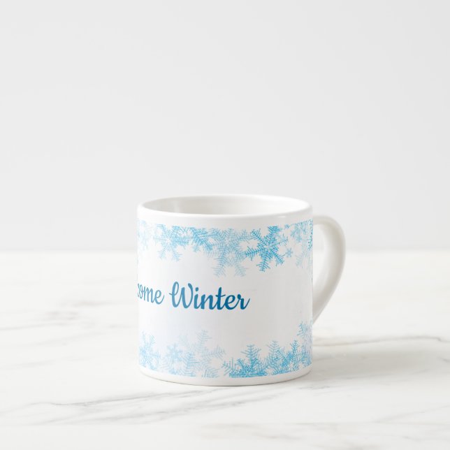 Welcome Winter, white blue ice crystals Espresso Cup (Front Right)