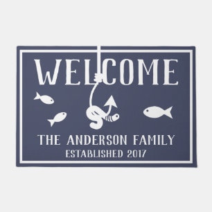 Welcome Worm on a Hook & Fish Family Name Doormat