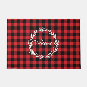 Welcome Wreath Buffalo Check Pattern Doormat