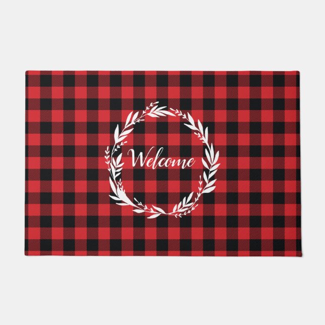 Welcome Wreath Buffalo Check Pattern Doormat (Front)