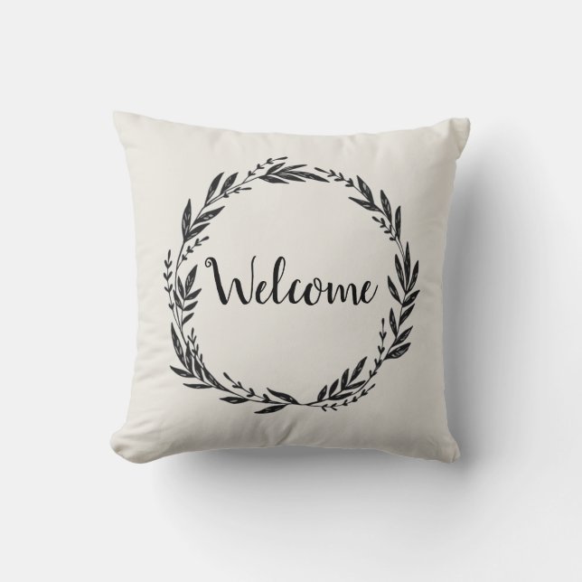 Welcome Wreath Grey Throw Pillow (Front)