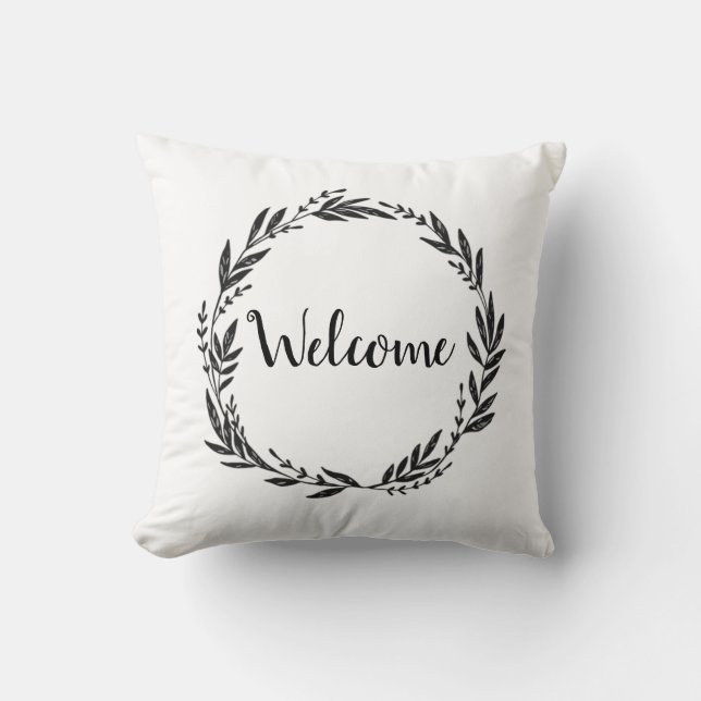Welcome Wreath Grey Throw Pillow (Front)