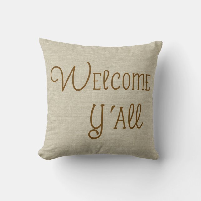 Welcome Y'All burlap-look custom name Cushion (Front)