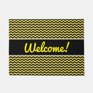 "Welcome!" + Yellow & Black Wavy Line Pattern Doormat