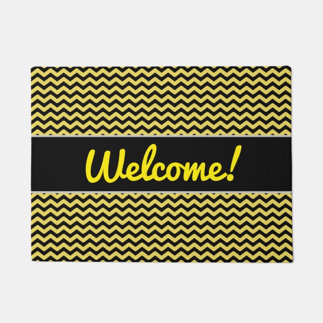 "Welcome!" + Yellow & Black Wavy Line Pattern Doormat (Front)