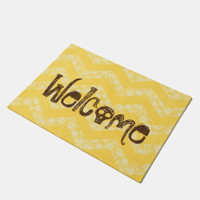 Welcome Yellow Chevrons Skull Doormat (Angled)