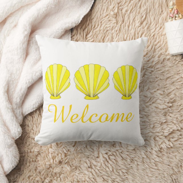 Welcome Yellow Seashells Beach House Decor Cushion (Blanket)