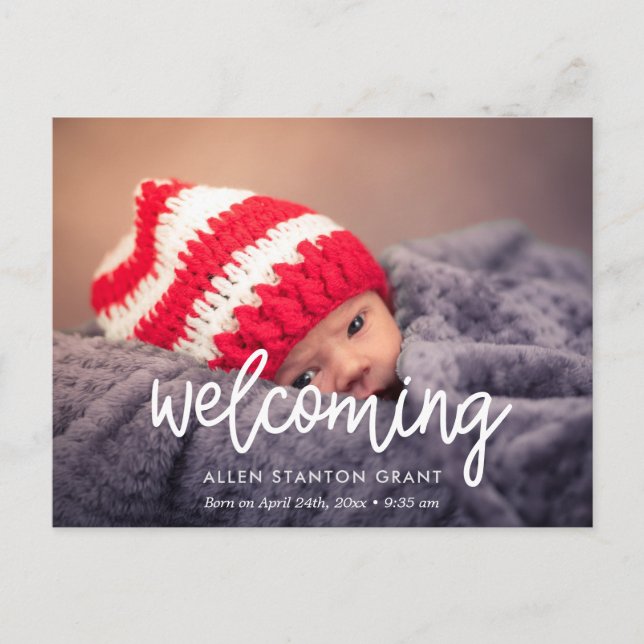 Welcoming Modern photo birth announcement Postcard (Front)