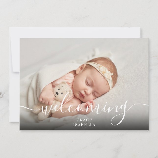 Welcoming Script Baby Girl Pink Photo Birth Announcement (Front)
