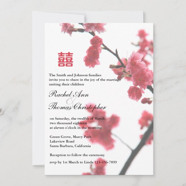 Welcoming Spring Sakura Double Happiness Wedding Invitation (Front)