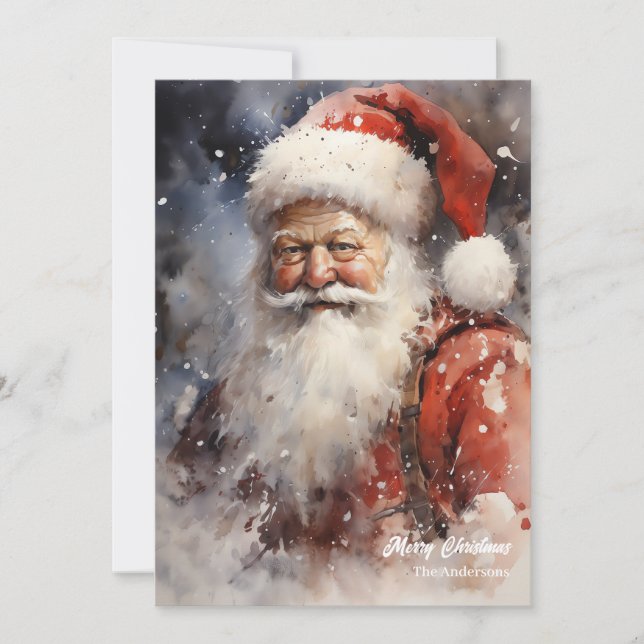 Welcoming watercolor Santa Claus smiling Holiday Card (Front)