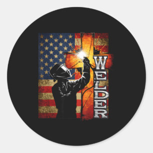 Welder American Flag Welding Faith Cross Christian Classic Round Sticker