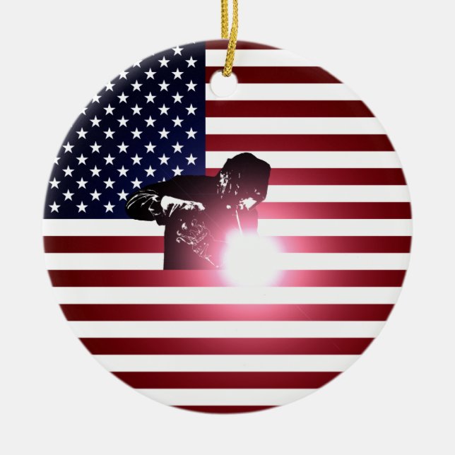 Welder and American Flag Ceramic Ornament (Front)