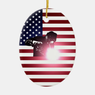 Welder and American Flag Ceramic Tree Decoration