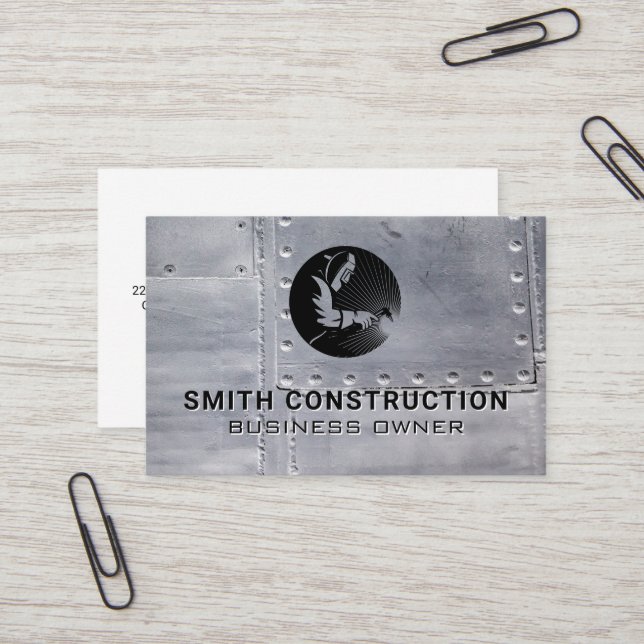 Welder Construction Logo | Metal Sheets Rivets Business Card (Front/Back In Situ)