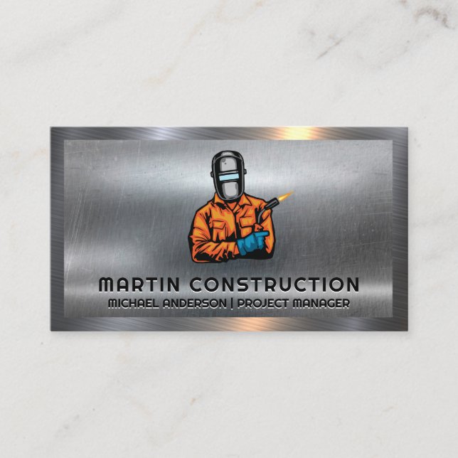 Welder Holding Blow Torch | Metal Business Card (Front)