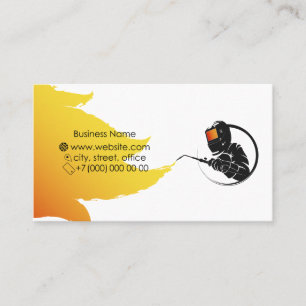 Welder in mask with welding machine in hand busine business card