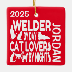 Welder Loves Cats CUSTOM Ceramic Ornament