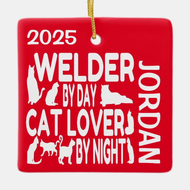 Welder Loves Cats CUSTOM Ceramic Ornament (Front)