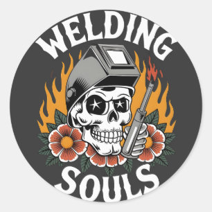 welder working design- skull welders horror classic round sticker