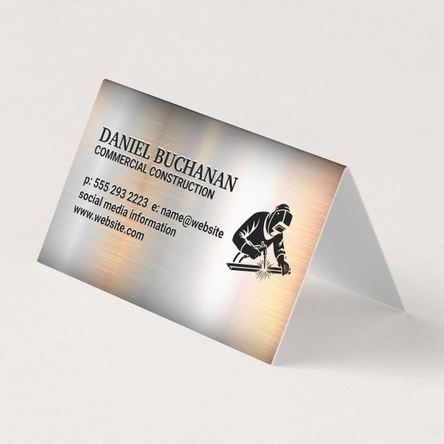 Welder Working on Steel | Metallic Background Business Card (Front)