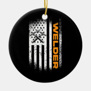Welding American Flag And USA Patriotic Welder  Ceramic Ornament