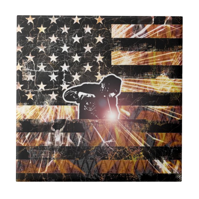 Welding Flag Sparks and Flames Ceramic Tile (Front)