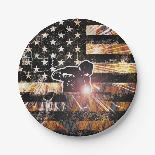 Welding Flag Sparks and Flames Paper Plate (Front)