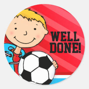 Well done! boys blue football soccer sticker