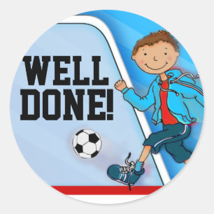 Well done! boys blue football soccer sticker