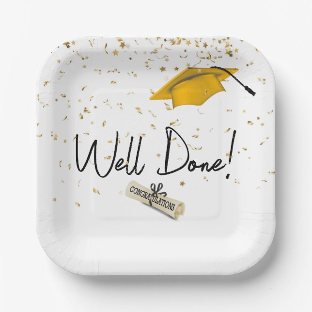 Well Done Graduation Confetti With Gold Cap Paper Plate (Front)