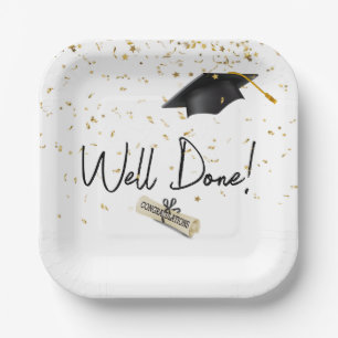 Well Done Graduation Gold Confetti With Black Cap Paper Plate