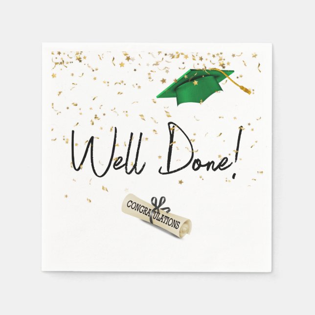 Well Done Graduation Gold Confetti With Green Cap Napkin (Front)
