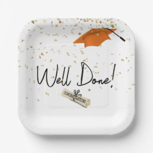 Well Done Graduation Gold Confetti With Orange Cap Paper Plate