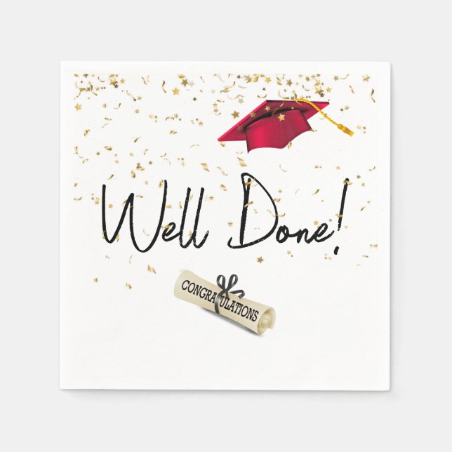 Well Done Graduation Gold Confetti With Red Cap Napkin (Front)