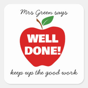 Well done! teacher red apple pre-school good work square sticker