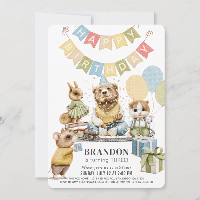Well Dressed Animals Bear Boy Birthday Invitation (Front)