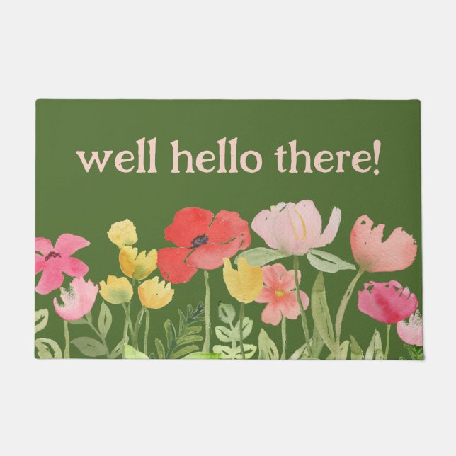 Well Hello There Watercolor Flowers Welcome Mat (Front)