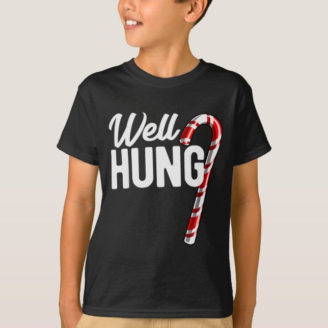 Well Hung Funny Christmas Candy Cane Well Hung  T-Shirt (Front)