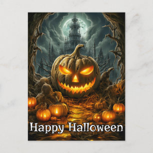 Well-lit Nefarious Pumpkin Happy Halloween Postcard