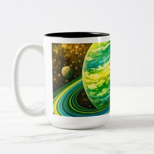 Well Rounded Green Planet with Rings Two-Tone Coffee Mug (Left)