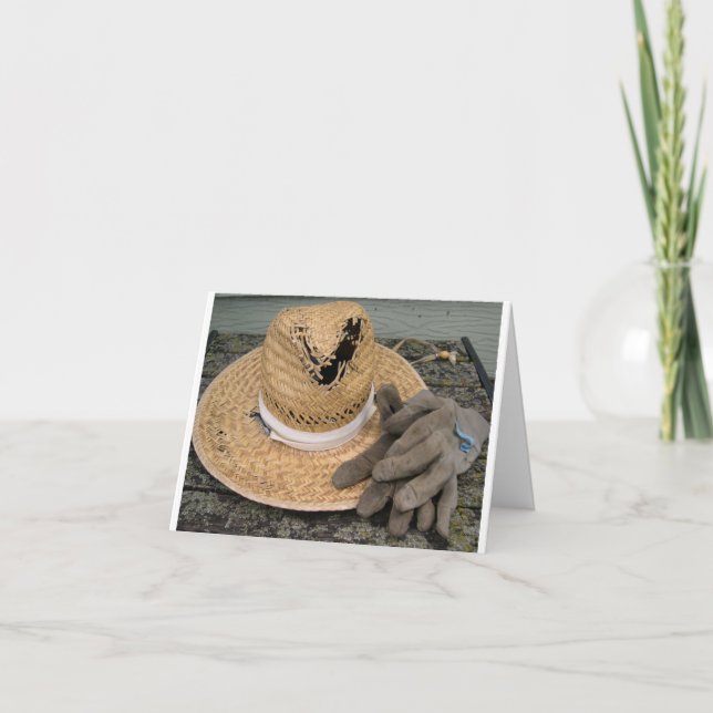 Well-used garden hat and gloves card (Front)
